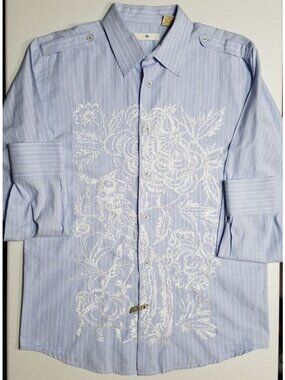 Twice Western Office Button Up Long Sleeve Blue Striped Embroidered Shirt Men L